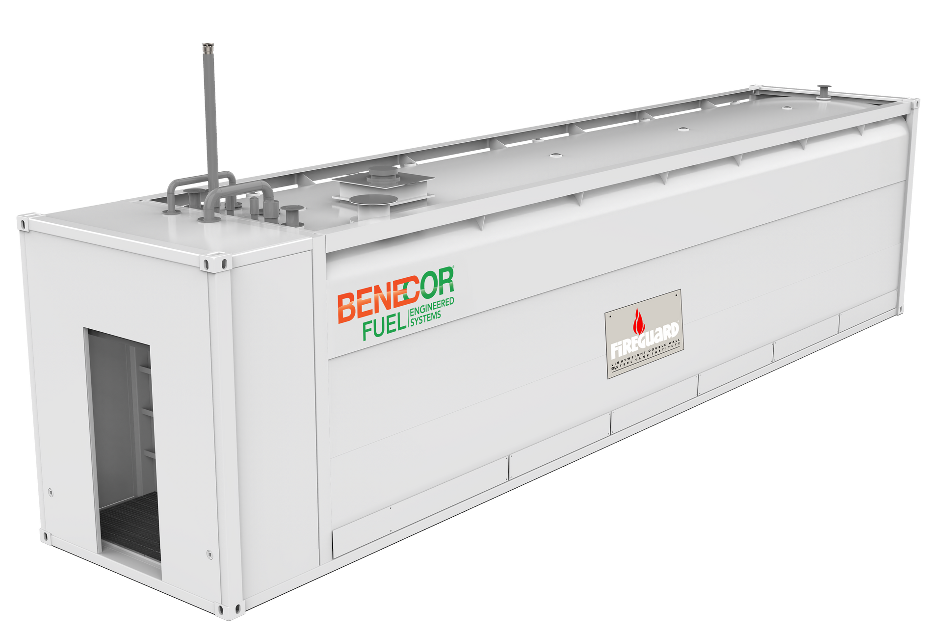 White GeneCore FuelCube container with door and top-mounted fittings, outdoor setting.