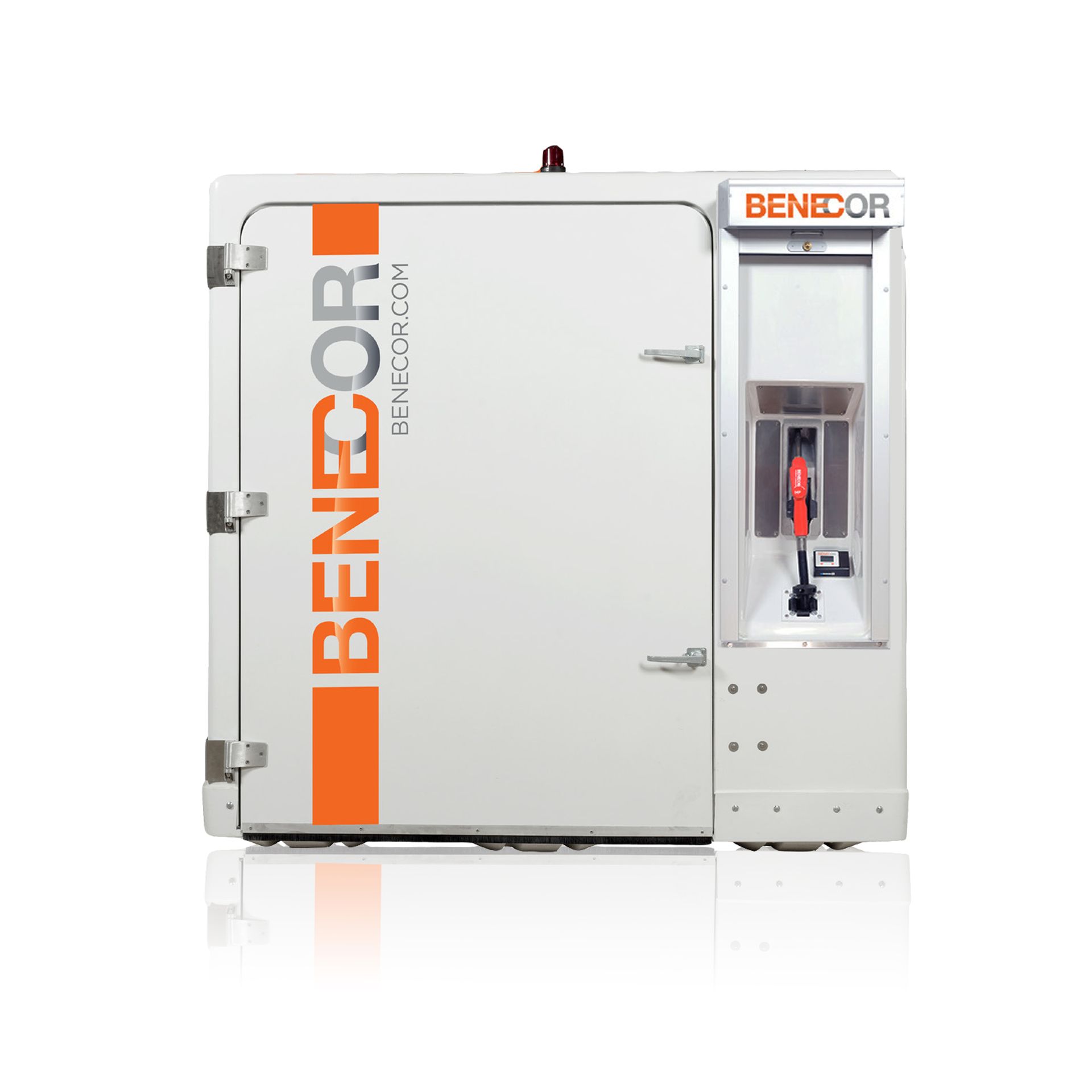 White BENECOR machine with orange branding, door open on the side showing red nozzle.