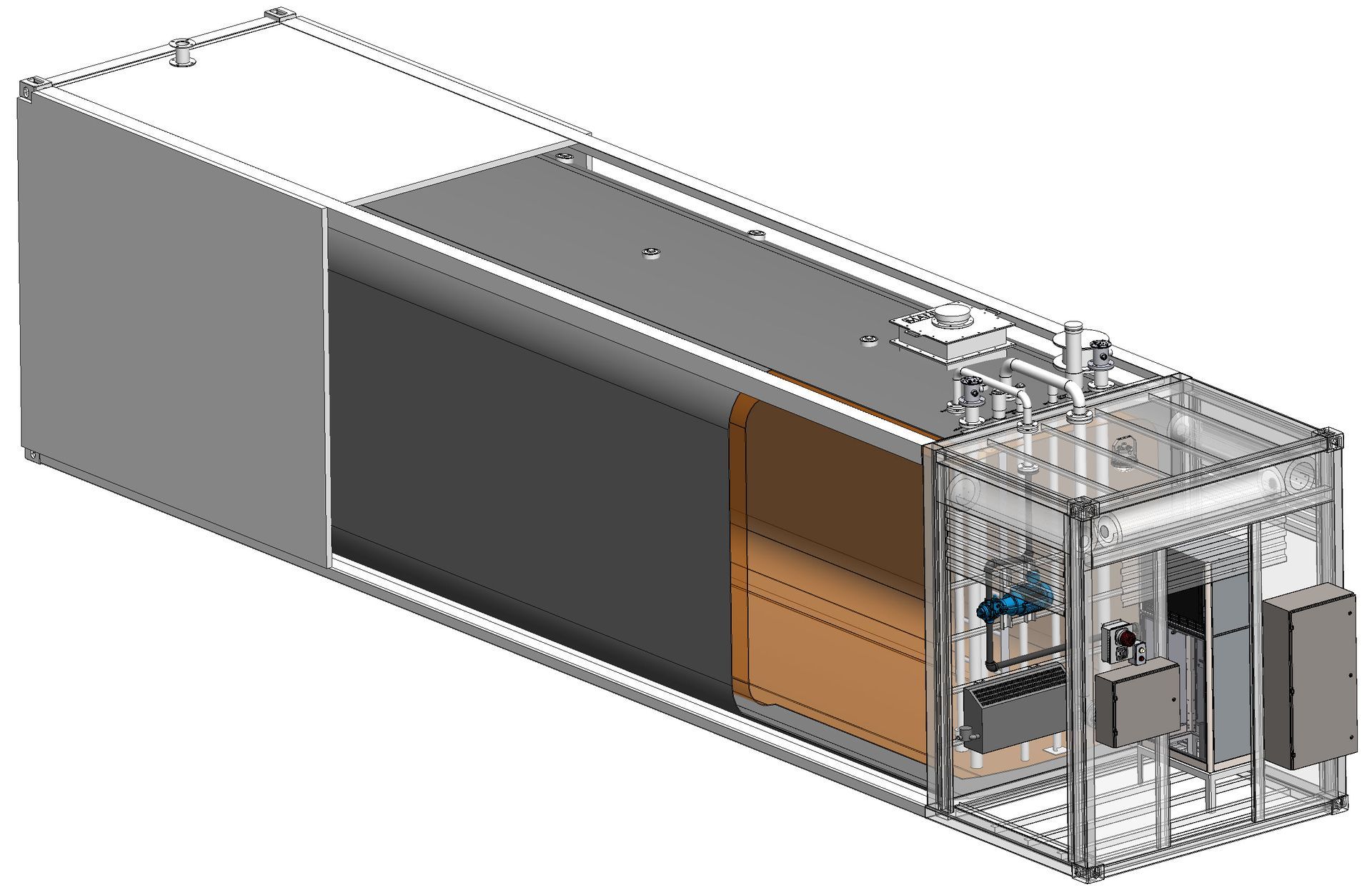 Isometric view of a rectangular modular structure with different color panels and exposed machinery.