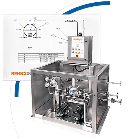 Industrial equipment with schematic, control panel, and pipes, possibly for fluid or gas regulation.