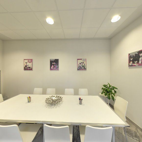 Luminosa sala conferenze con tavolo e sedie bianchi, quadri alle pareti e una pianta in vaso sotto le luci a soffitto.