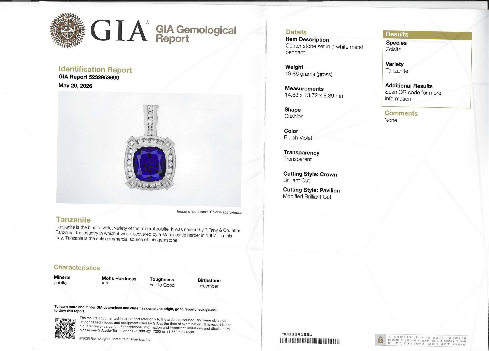 GIA Report Tanznite 19.96ct