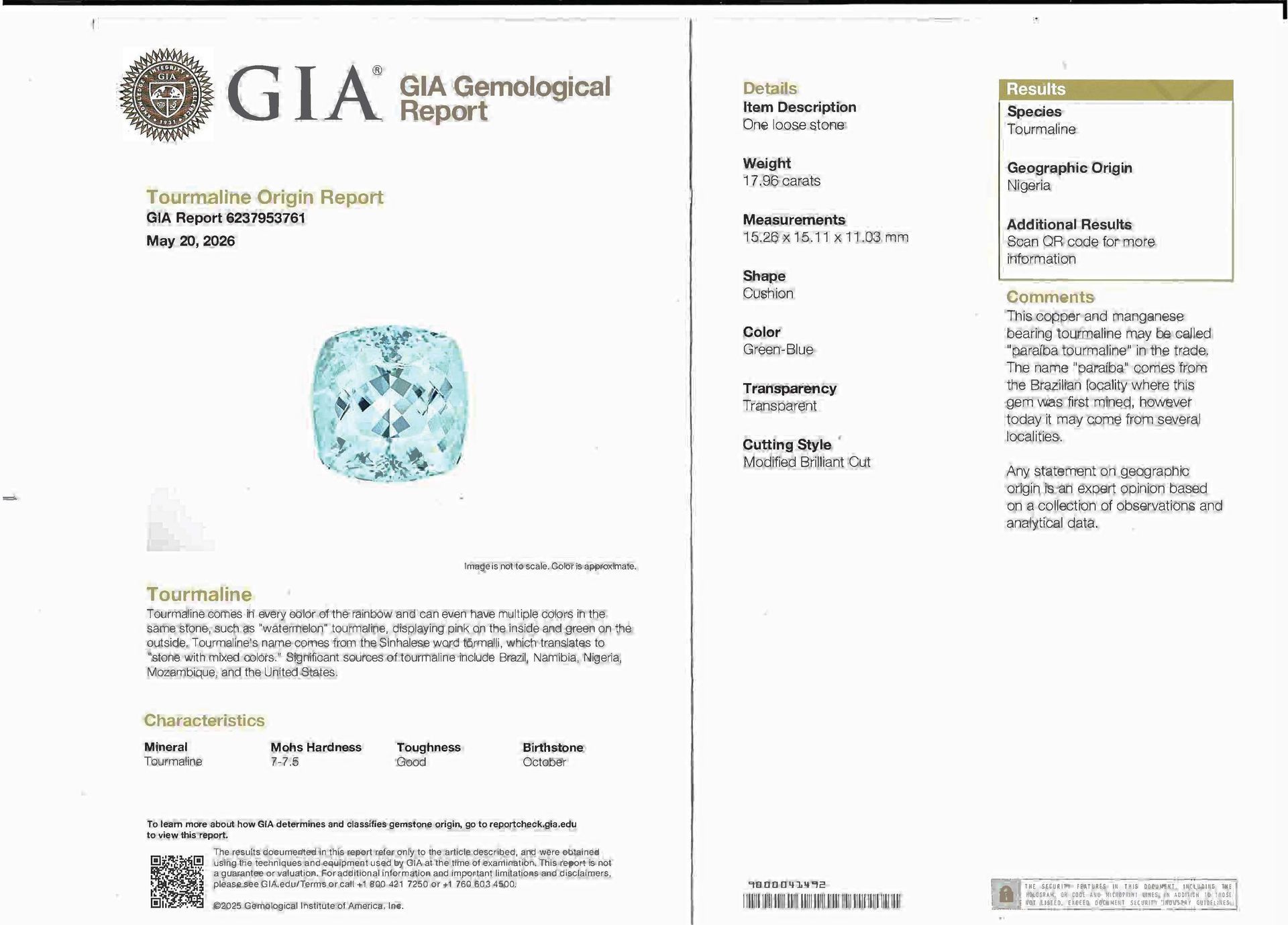 GIA Report Paraiba Tourmaline