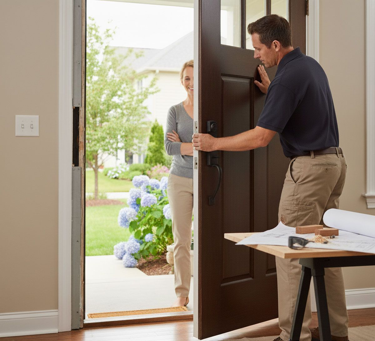 Technician installing a new fiberglass front door at a residential home