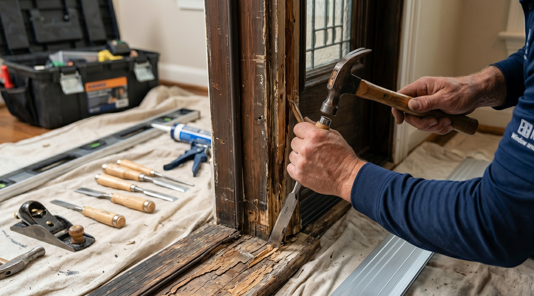 Contractor measuring a doorway before exterior door installation
