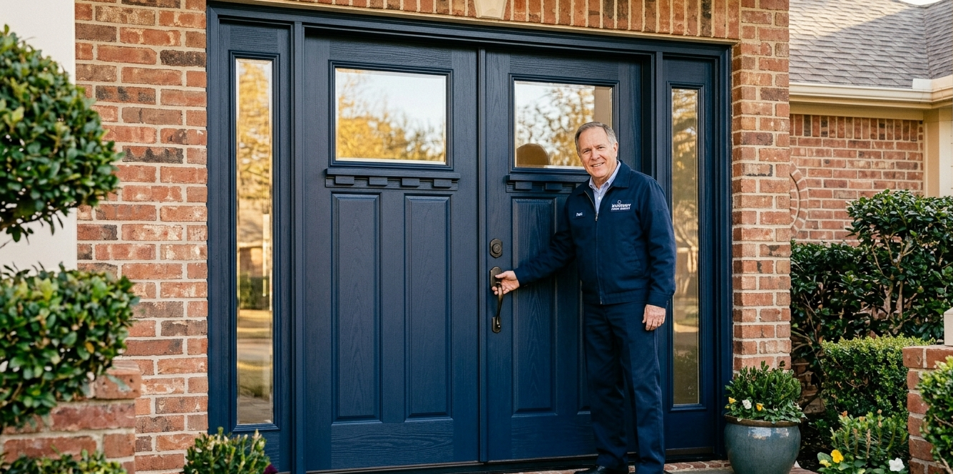 Technician aligning a fiberglass entry door during installation
