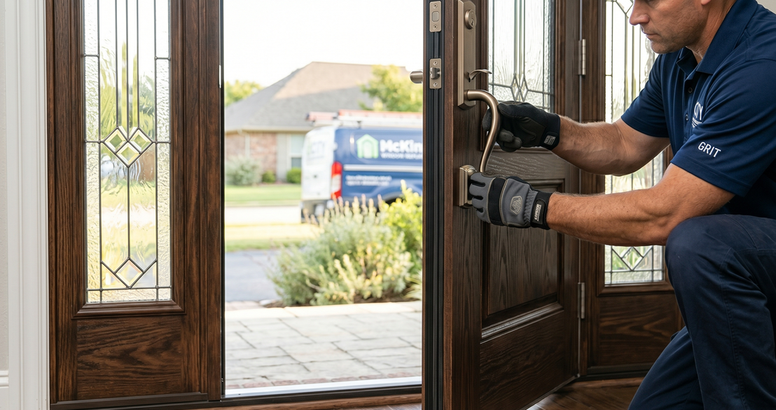 Modern front door replacement improving curb appeal and security