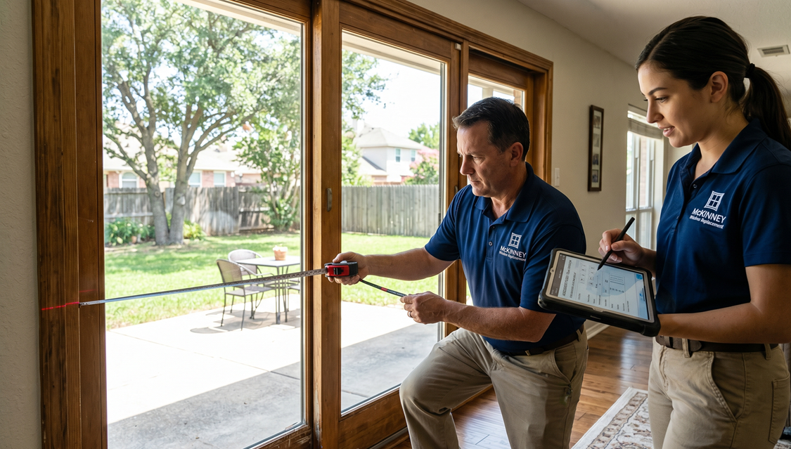 Technician fitting a new sliding patio door for backyard access