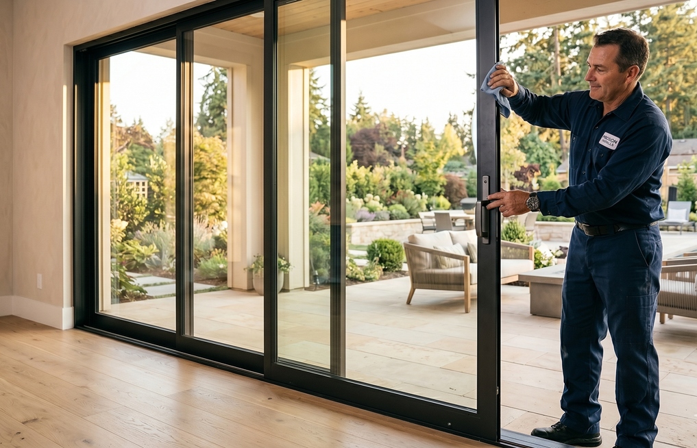 Newly installed glass patio doors opening to outdoor living space