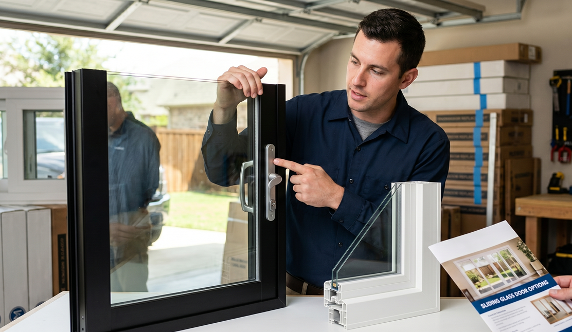 Energy-efficient sliding glass door installed beside backyard patio