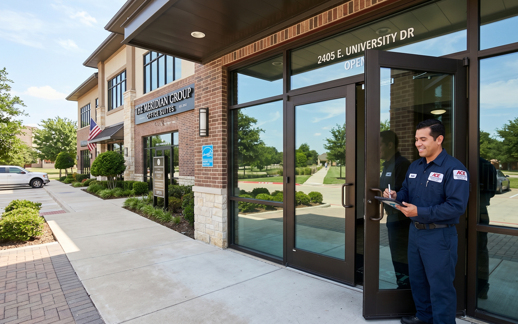 Commercial steel door installation at a retail storefront in McKinney