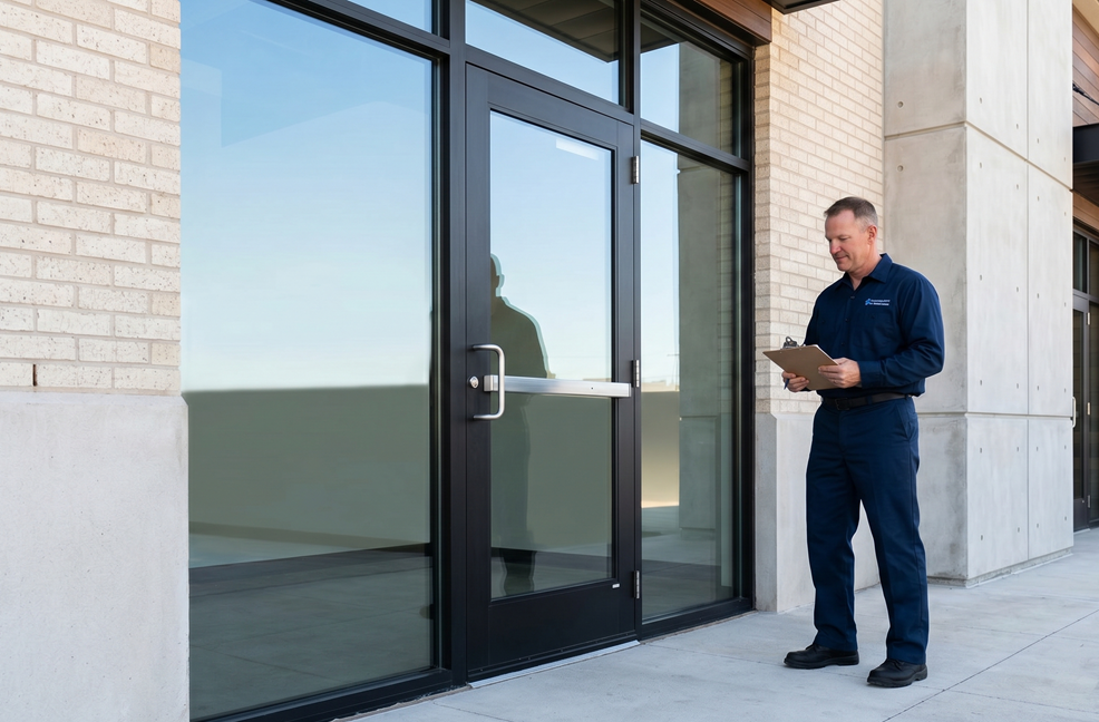 Glass storefront door replacement completed at local business entrance