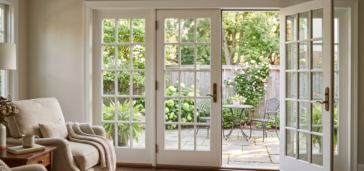 New French doors installed opening onto a backyard patio