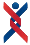 A red and blue ribbon crossed over each other in the shape of a person.