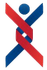 A red and blue ribbon crossed over each other in the shape of a person.