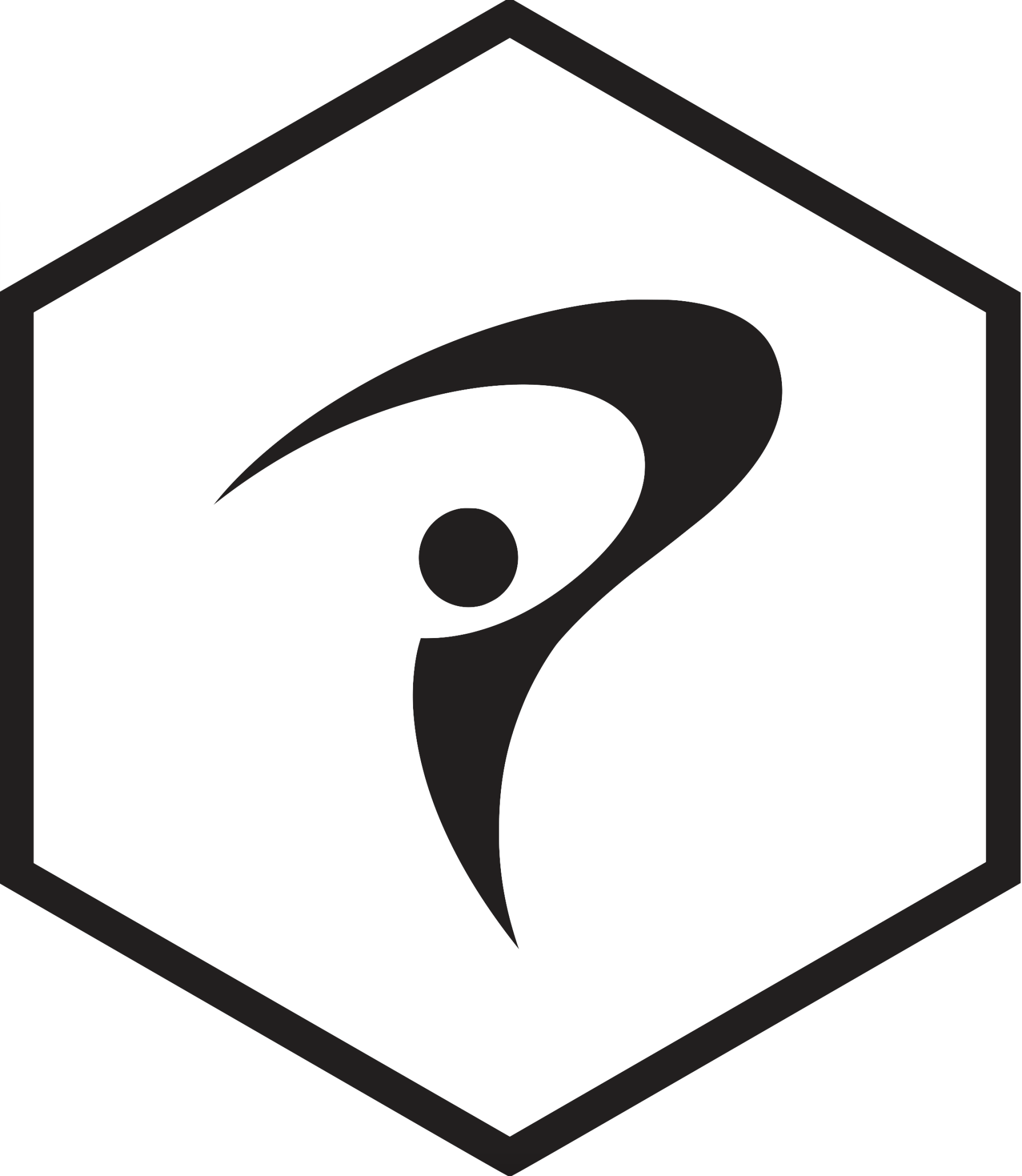 A black and white logo of a person in a hexagon.