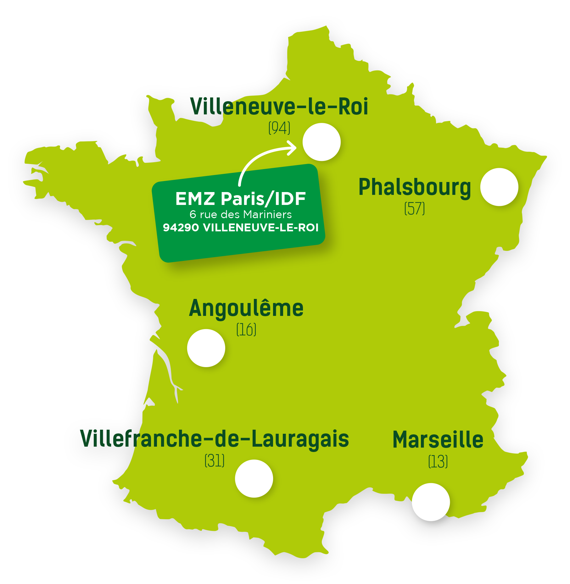 Carte de France avec les villes indiquées : Paris, Phalsbourg, Angoulême et Marseille.
