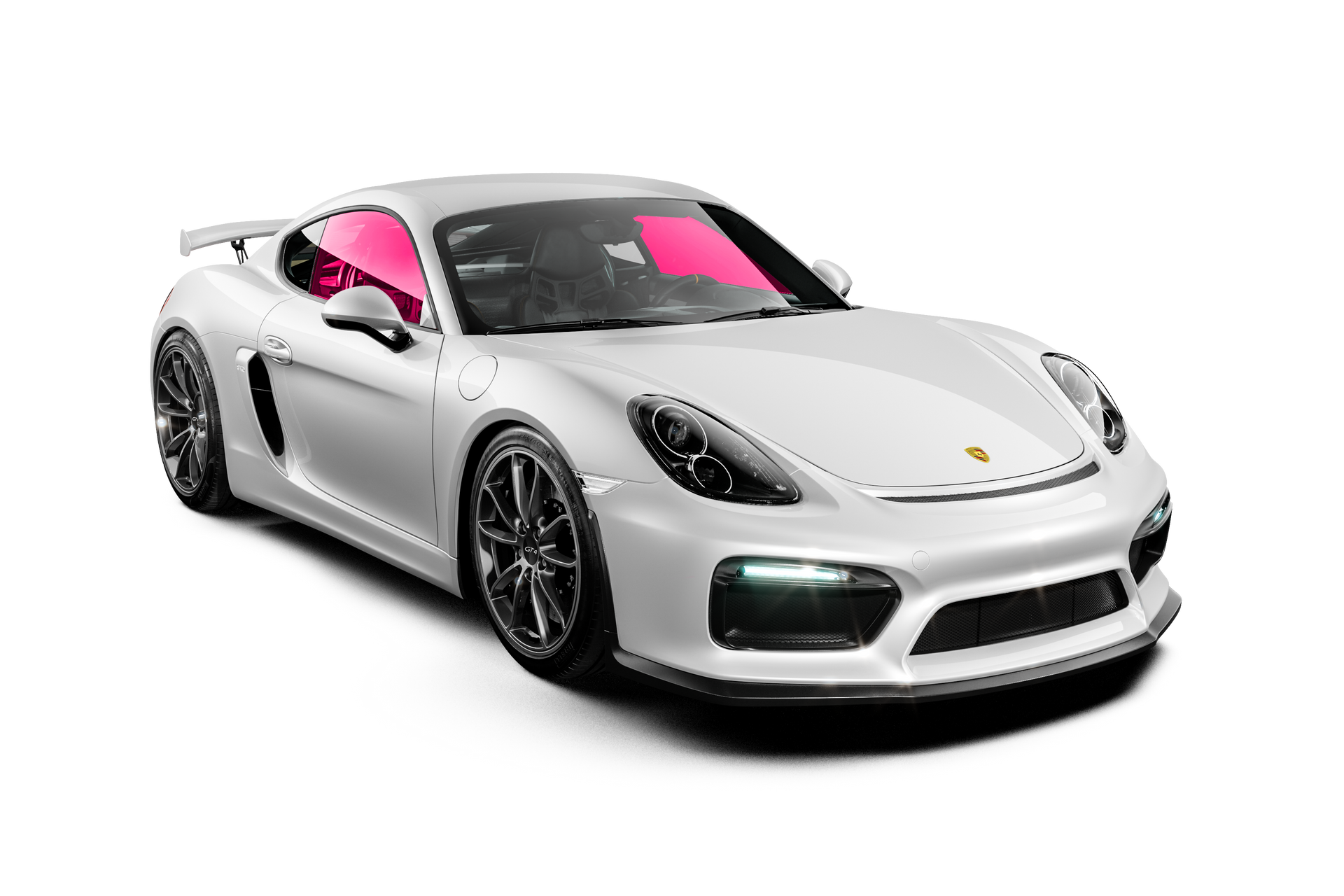 White Porsche sports car, black wheels, tinted windows.