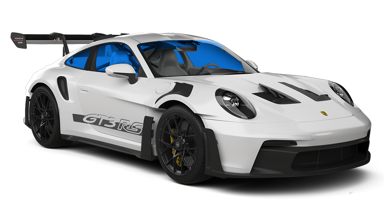 White Porsche 911 GT3 RS sports car with black accents and blue-tinted windows.