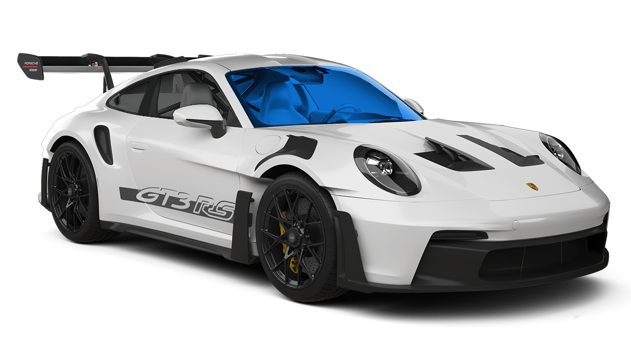 White Porsche 911 GT3 RS sports car with black accents and tinted windows.