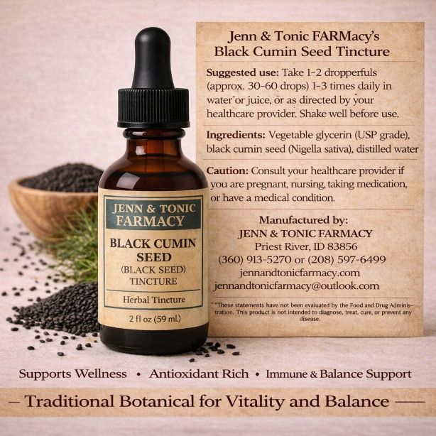 A bottle of Jenn & Tonic Farmacy’s black cumin seed tincture surrounded by seeds and flowers, with wellness claims listed.