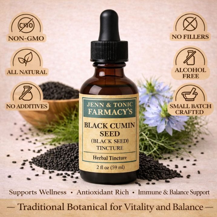 A bottle of Jenn & Tonic Farmacy’s black cumin seed tincture surrounded by seeds and flowers, with wellness claims listed.