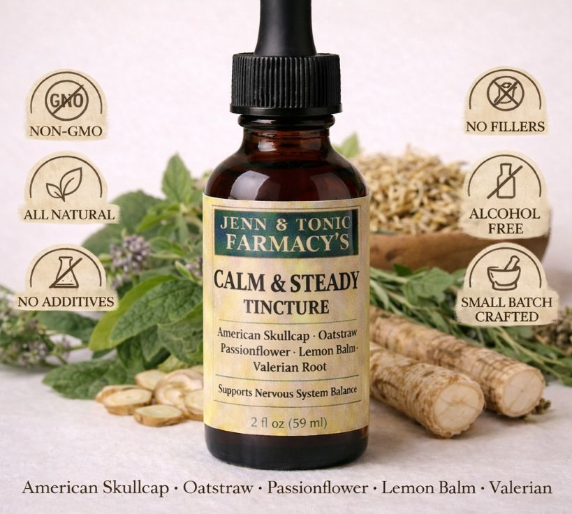 A bottle of Jenn & Tonic Farmacy’s Calm & Steady Tincture, surrounded by fresh herbs and roots on a white background.