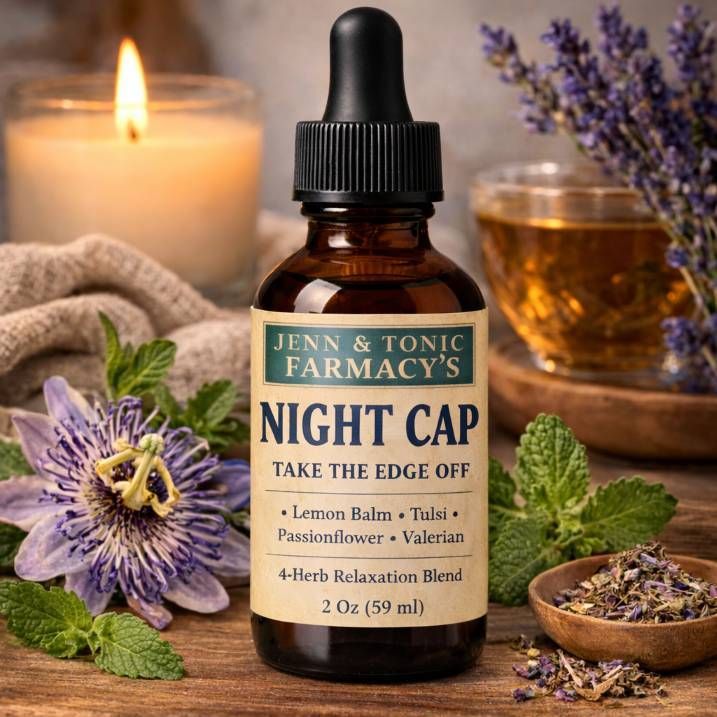A bottle of Jenn & Tonic Farmacy’s Night Cap herbal supplement, surrounded by lavender, a candle, and passionflower.