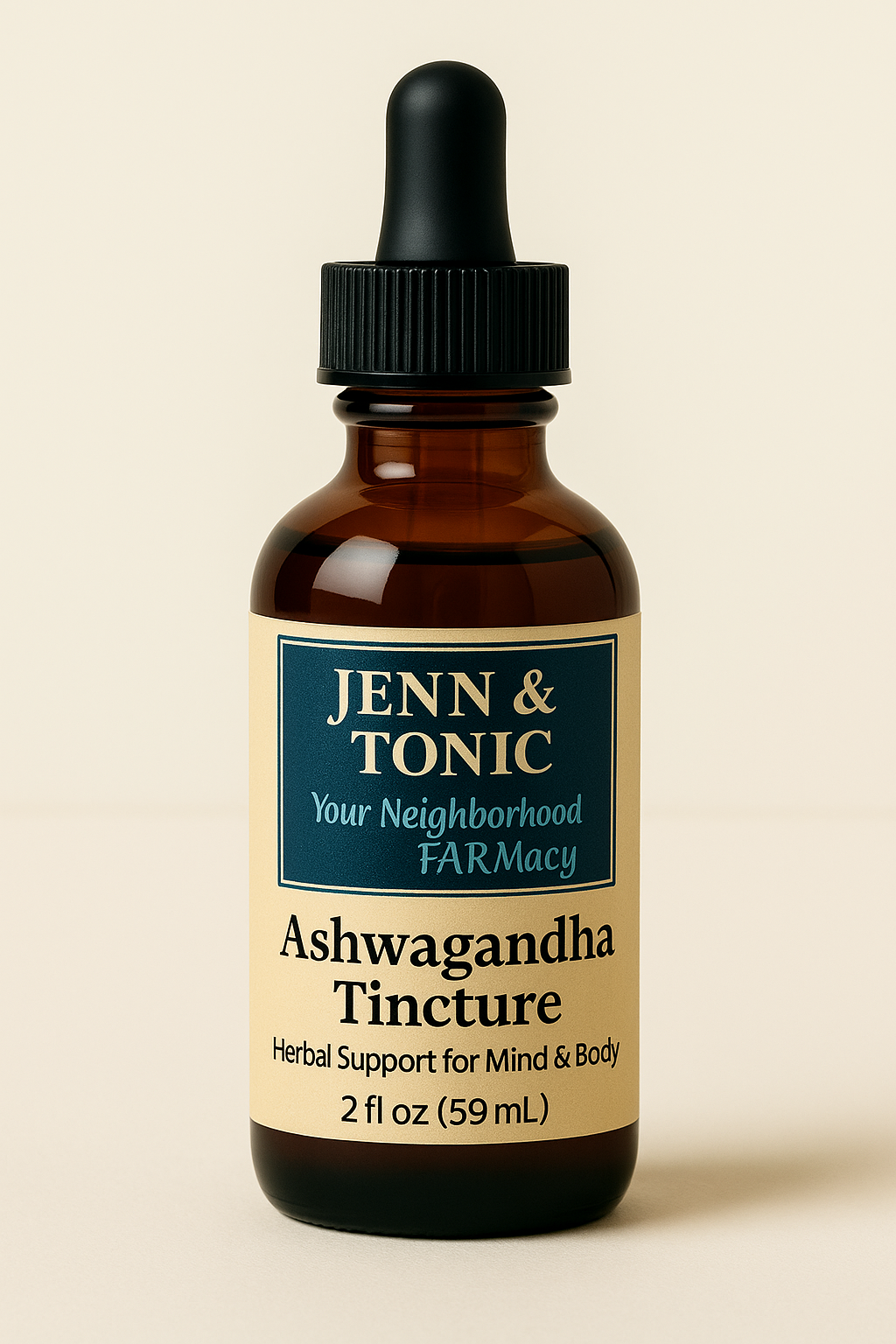 A brown glass dropper bottle of Jenn & Tonic Ashwagandha Tincture labeled 