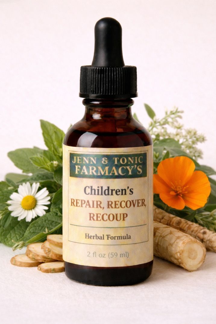 A dark glass dropper bottle labeled "Jenn B Tonic Farmacy's Children's Repair, Recover, Recoup" surrounded by herbs.