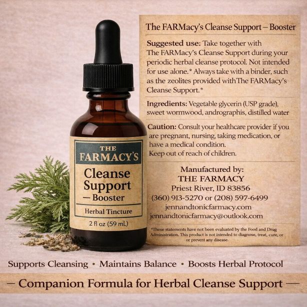 A brown bottle of The Farmacy's Cleanse Support Herbal Tincture surrounded by wormwood and andrographis herbs.