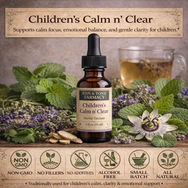 A bottle of "Children's Calm n' Clear" herbal tincture surrounded by herbs, with icons noting it is all-natural and non-GMO.