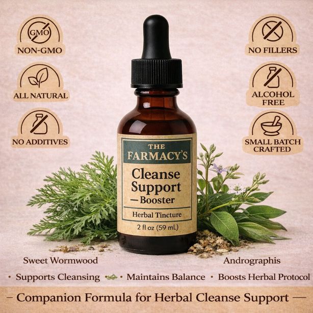 A brown bottle of The Farmacy's Cleanse Support Herbal Tincture surrounded by wormwood and andrographis herbs.