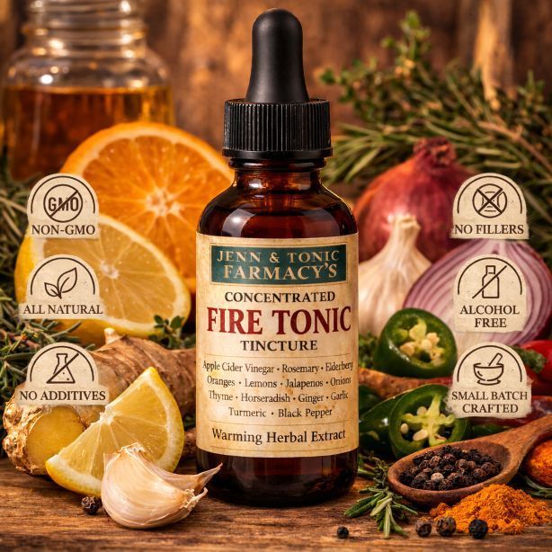 A bottle of Jenn & Tonic Farmacy’s concentrated Fire Tonic tincture surrounded by fresh herbs, garlic, and citrus.