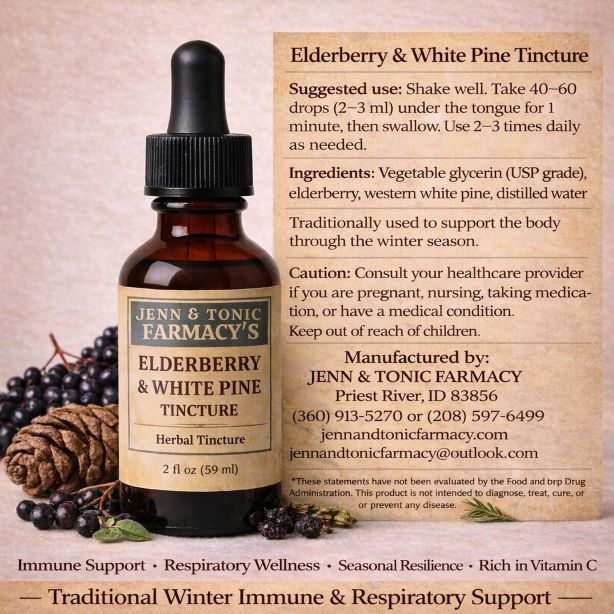 A bottle of Jenn & Tonic Farmacy’s Elderberry & White Pine Tincture, surrounded by berries and pine, with health icons.