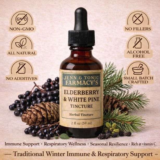 A bottle of Jenn & Tonic Farmacy’s Elderberry & White Pine Tincture, surrounded by berries and pine, with health icons.