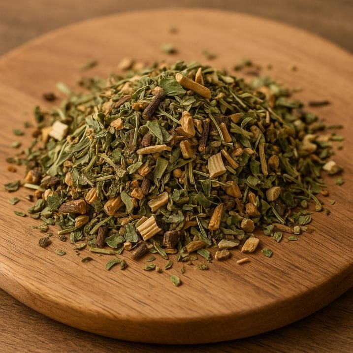 A mound of dried, green herbal tea blend with light brown root pieces, resting on a circular wooden board.