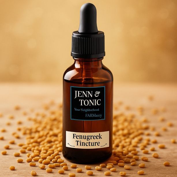 A brown glass dropper bottle labeled "Jenn & Tonic Fenugreek Tincture" sits on a wooden surface covered in fenugreek seeds.