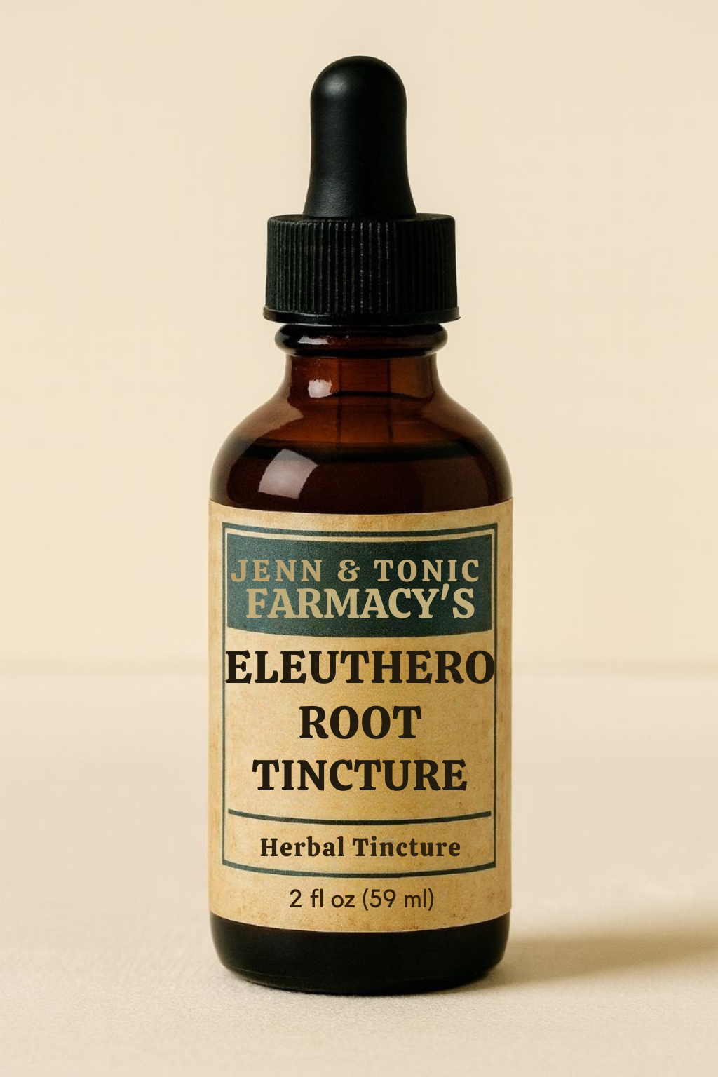 A brown glass bottle with a black dropper top and a beige label reading "Jenn & Tonic Farmacy’s Eleuthero Root Tincture."