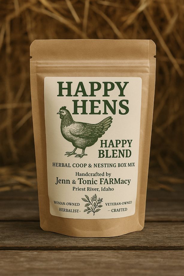 A standing kraft paper pouch of Happy Hens Happy Blend coop and nesting box mix, labeled by Jenn & Tonic FARMacy.