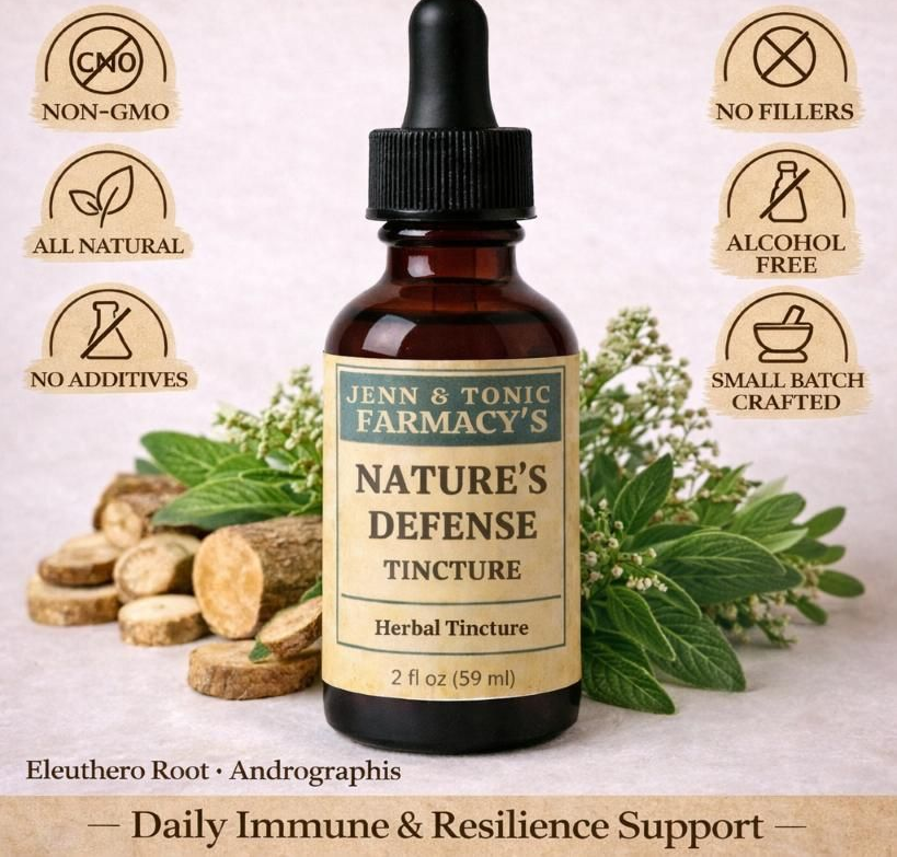 A bottle of Jenn & Tonic Farmacy’s Nature’s Defense tincture, featuring Eleuthero root and Andrographis for immune support.