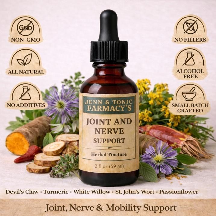 A brown dropper bottle of Joint and Nerve Support herbal tincture, surrounded by various herbs and ingredients.