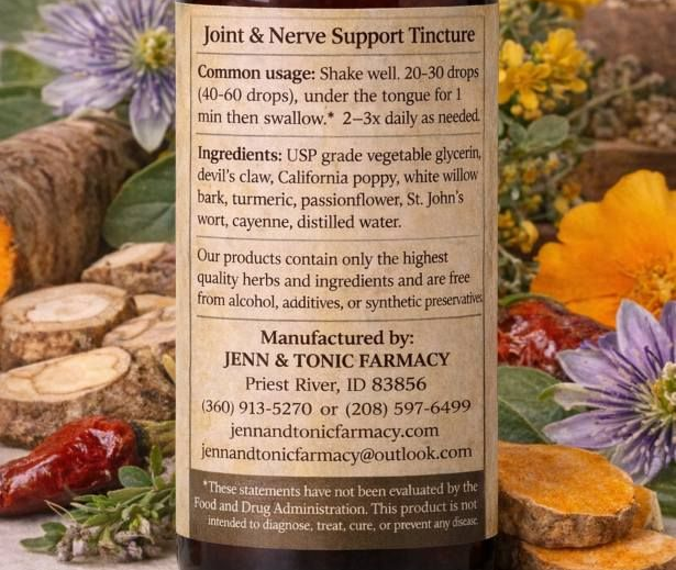 A brown dropper bottle of Joint and Nerve Support herbal tincture, surrounded by various herbs and ingredients.