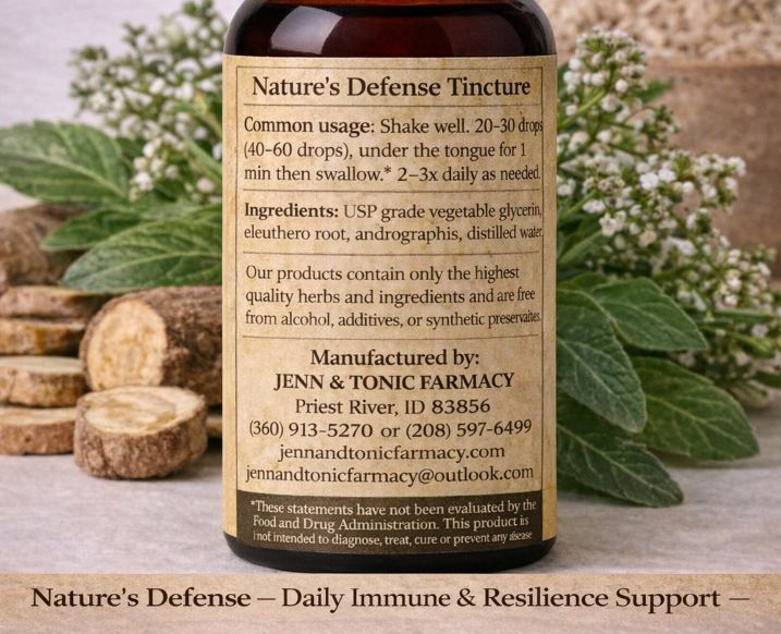 A bottle of Jenn & Tonic Farmacy’s Nature’s Defense tincture, featuring Eleuthero root and Andrographis for immune support.