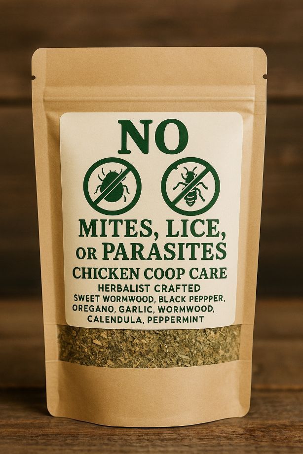 A brown pouch of herbal chicken coop care for mites, lice, and parasites, featuring a list of ingredients on the label.