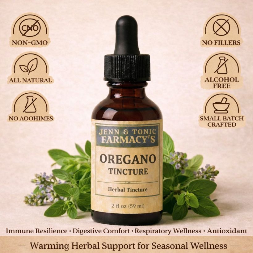 A bottle of Jenn & Tonic Farmacy’s Oregano Tincture surrounded by fresh oregano, featuring text highlighting product claims.