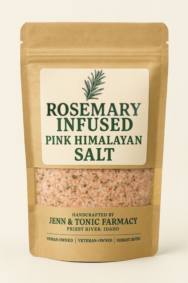A brown pouch of rosemary infused pink Himalayan salt by Jenn & Tonic Farmacy, featuring a rosemary sprig icon.
