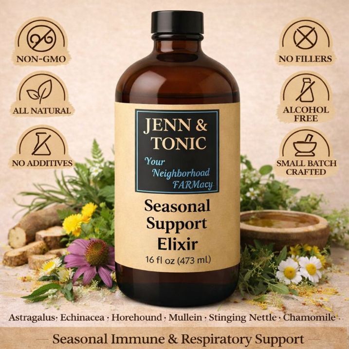 Jenn & Tonic Seasonal Support Elixir bottle with herbal ingredients like echinacea, set against a natural outdoor background.