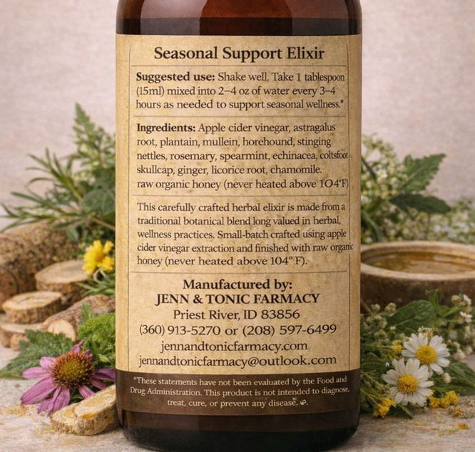 Jenn & Tonic Seasonal Support Elixir bottle with herbal ingredients like echinacea, set against a natural outdoor background.