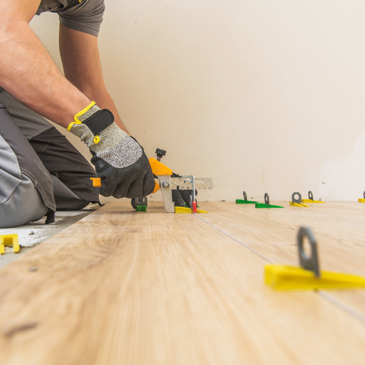 Worker installing floor tiles with tools and spacers on a wooden floor